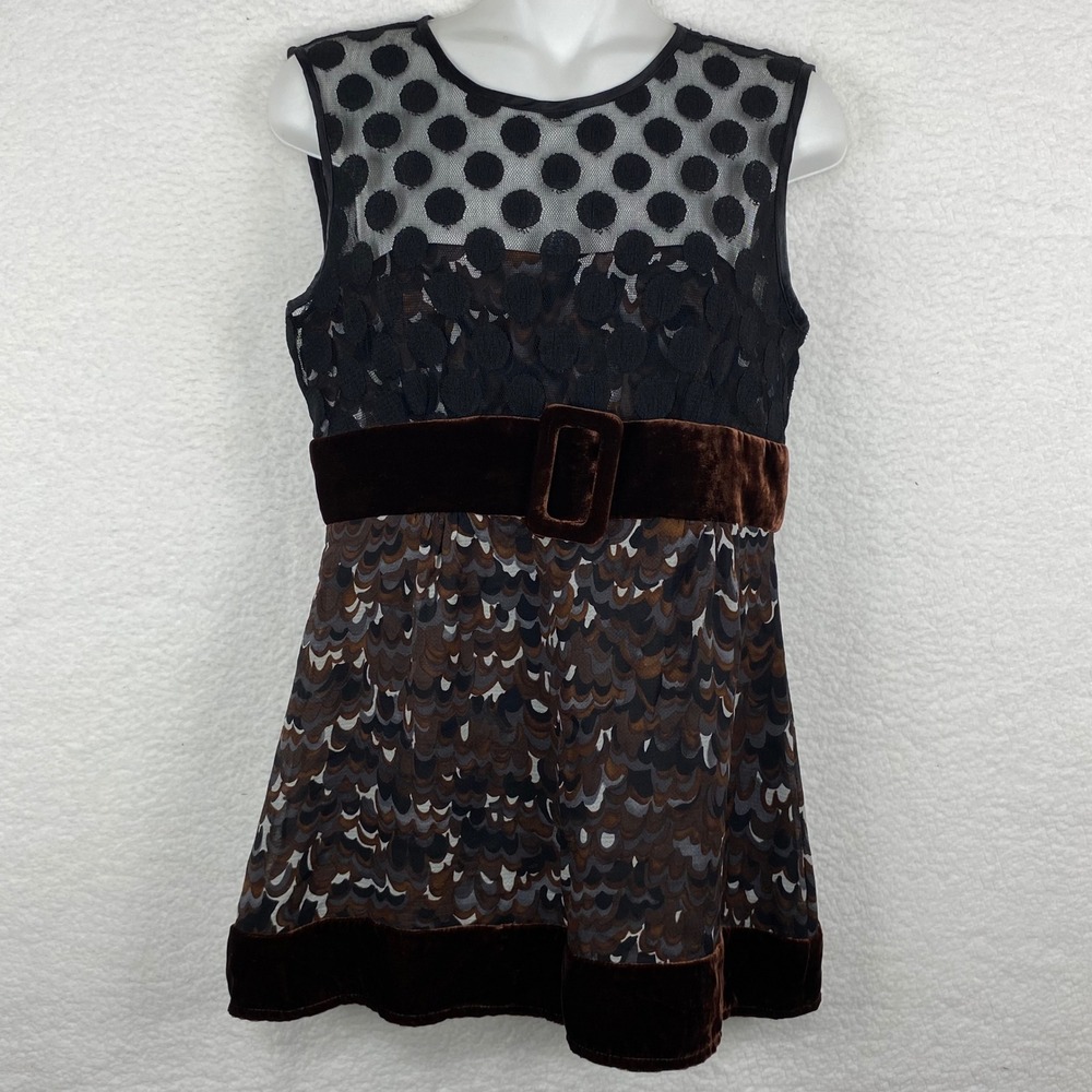 Nanette Lepore Silk Blend Polka Dot Lace Peacock Print Velvet Belt Tunic Top 4‎